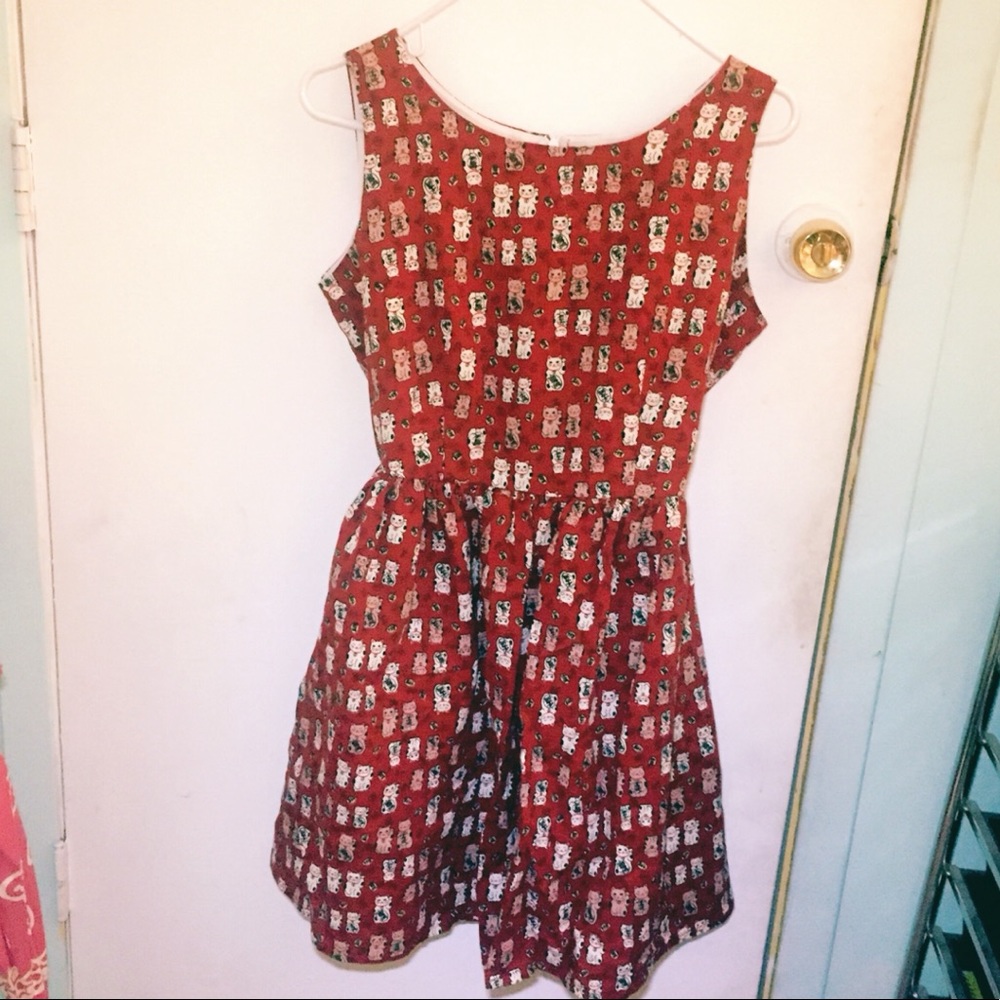 50s style Lucky Cat print Red Cotton Sundress
